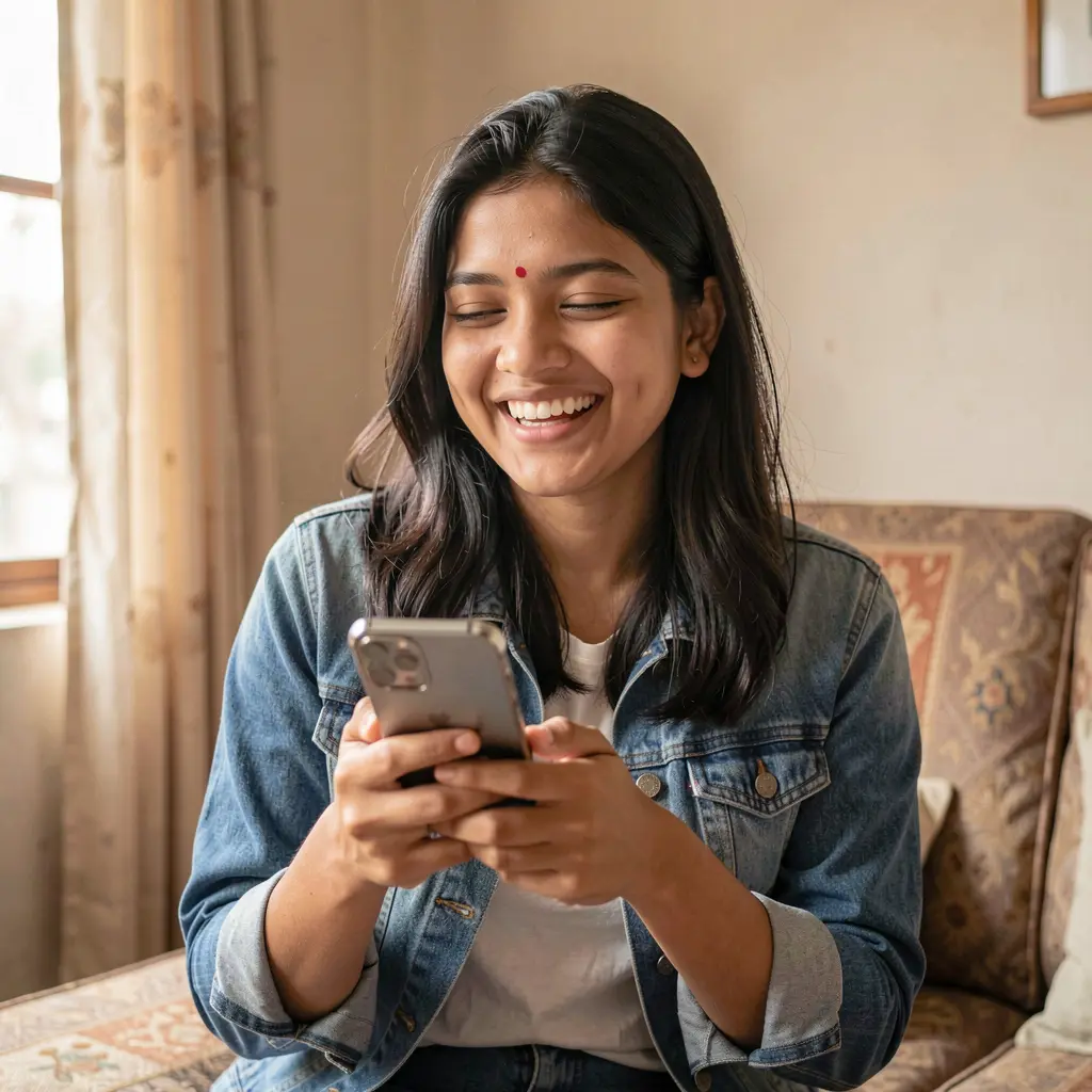 Young Bangladeshi woman enjoying mobile casino gameplay on the 77KKK app with a smile in a cozy indoor setting