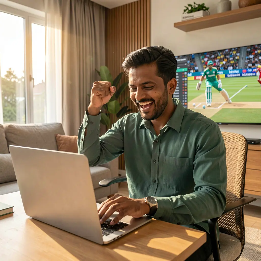 Excited Bangladeshi sports bettor celebrating a winning moment while betting on a laptop with live cricket on TV using 77KKK
