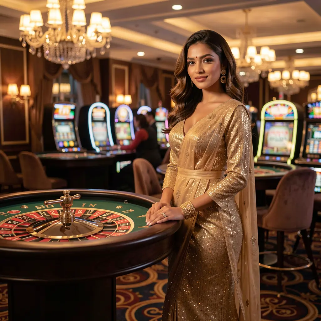Luxury casino scene with a glamorous woman in a golden gown by a roulette table showcasing the premium gaming atmosphere of 77KKK in Bangladesh