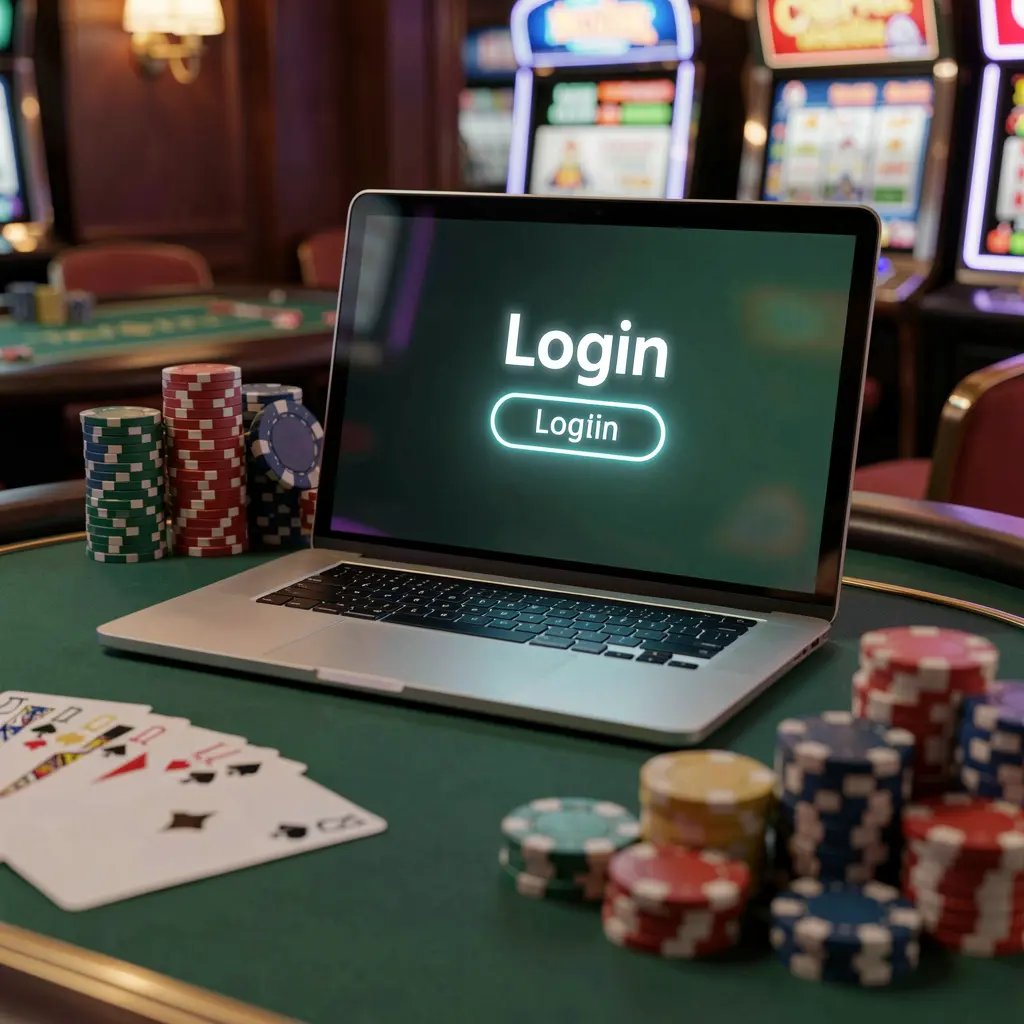 Close up view of a laptop with a bright login button on the screen surrounded by casino chips representing fast and secure access to 77KKK for players in Bangladesh