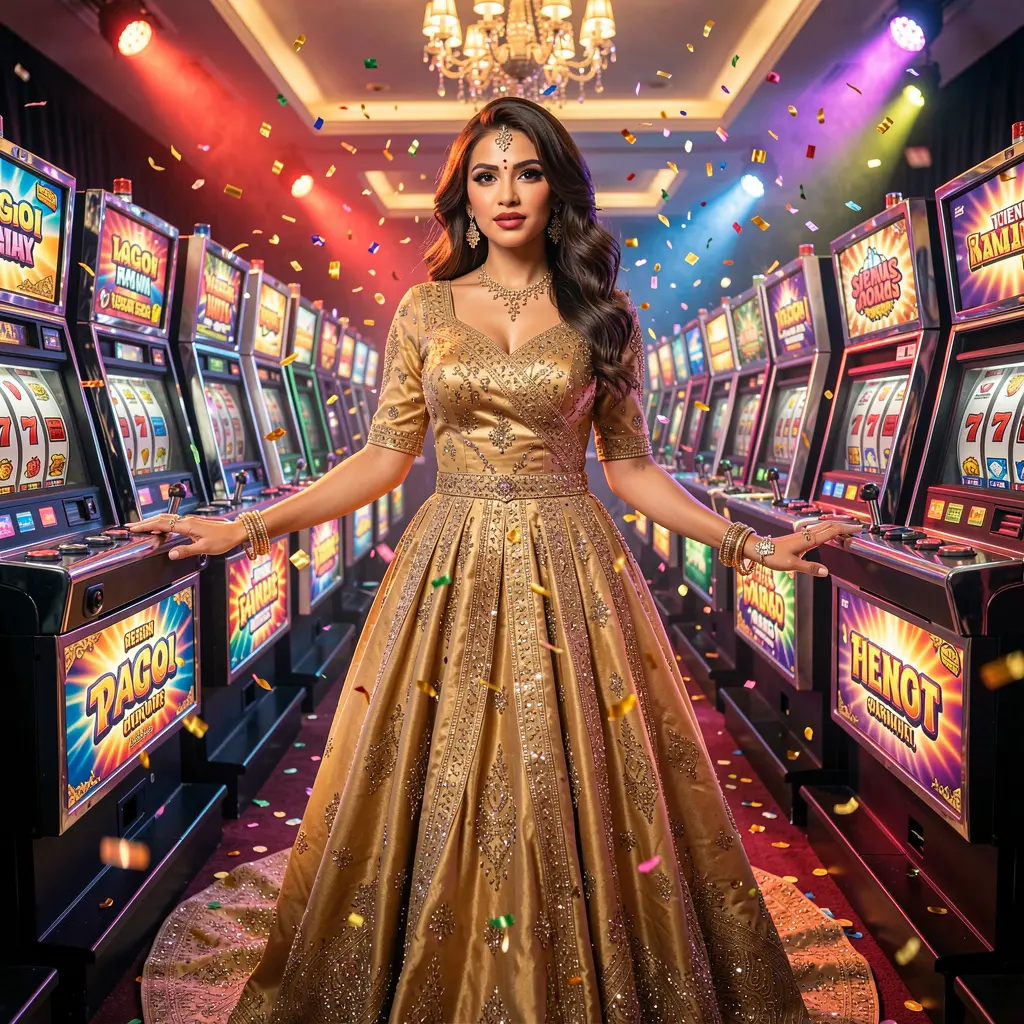 Glamorous woman in a sparkling gold dress standing among glowing slot machines in a luxurious casino atmosphere at 77KKK casino for players in Bangladesh
